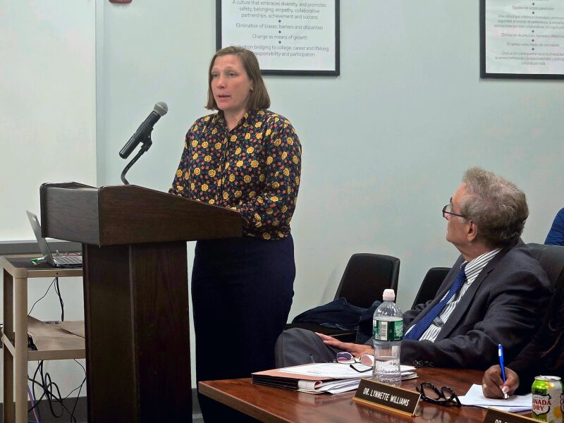 Parent Britta Riley speaks at a school board meeting in September.